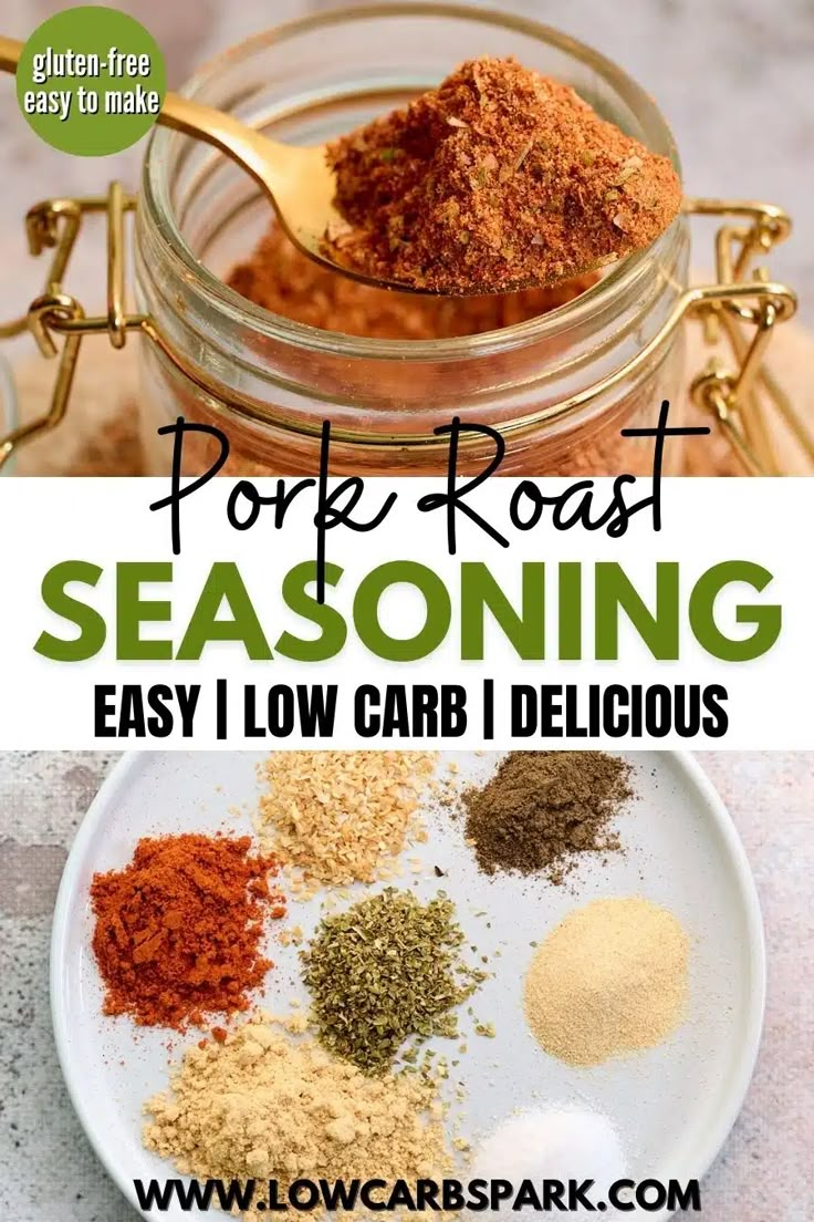 the recipe for pork roast seasoning is in a glass jar and on a white plate