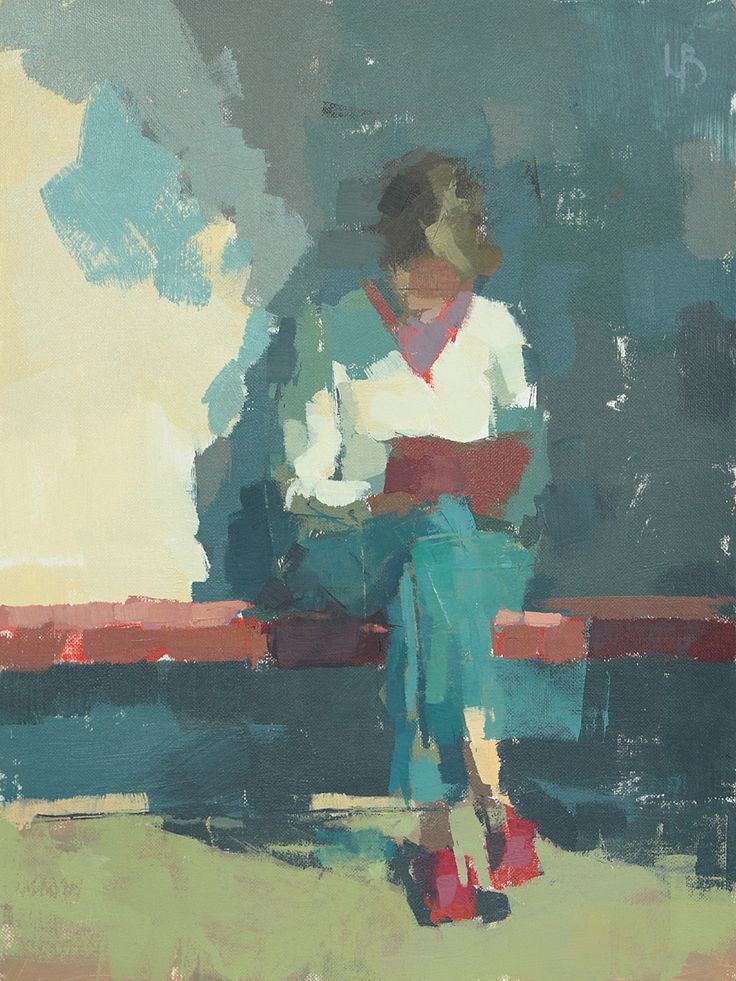 a painting of a woman sitting on a bench