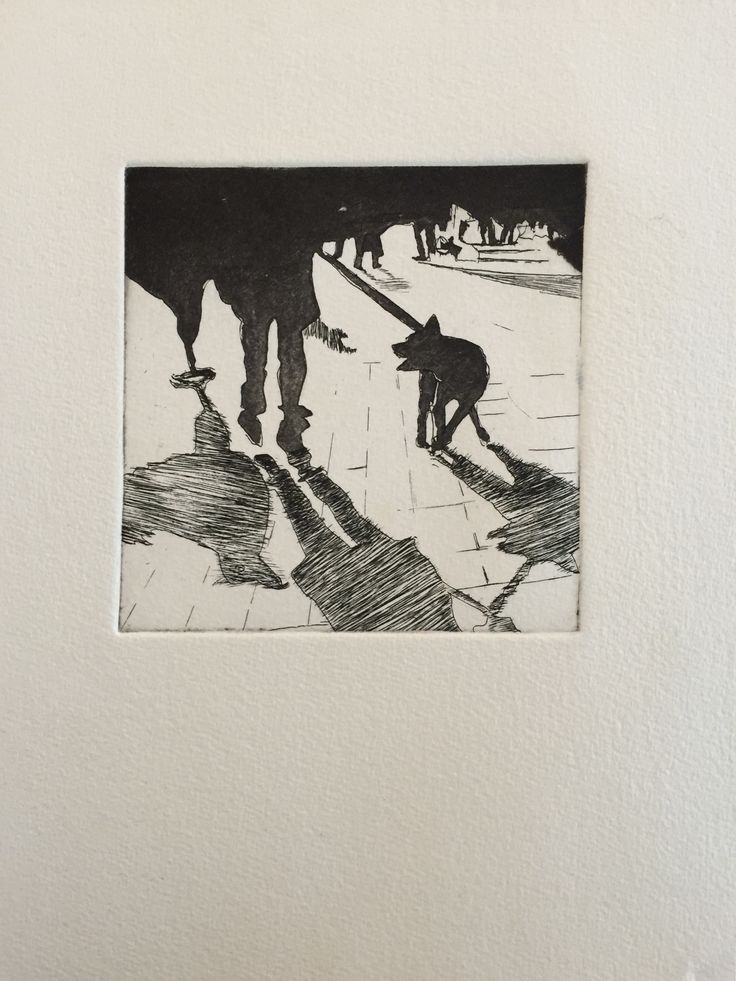 a black and white drawing of a person walking with a dog on the sidewalk in front of them