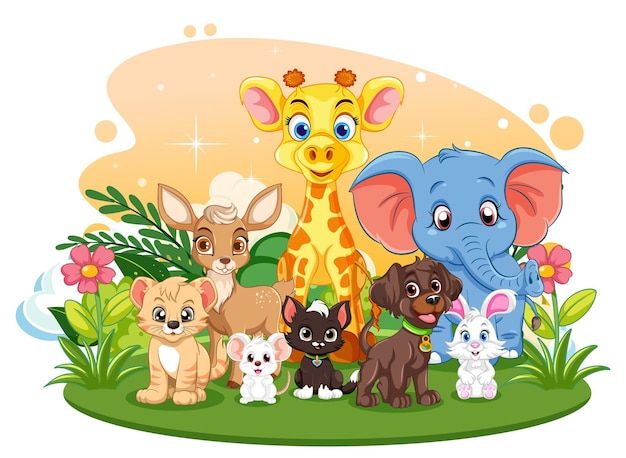 an elephant, giraffe, and other animals are standing together in the grass