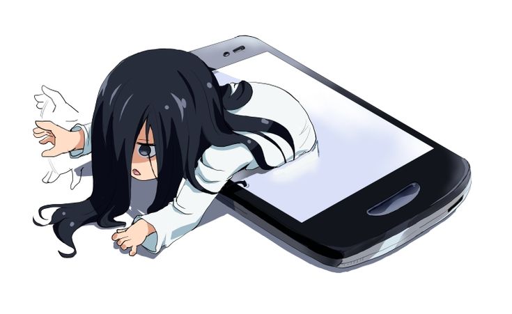 an anime character laying on top of a cell phone with her hands behind her head