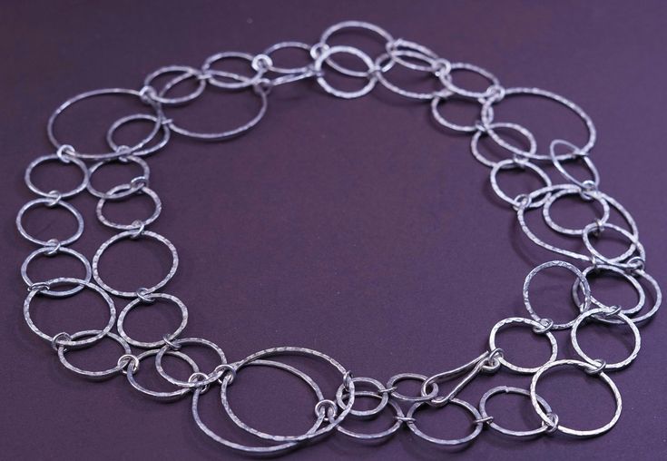 "40\", vintage sterling silver handmade necklace, fine 925 silver textured flatten circle chain, silver tested" Elegant Full Circle Hammered Jewelry, Elegant Silver Full Circle Necklace, Modern Silver Full Circle Jewelry, Silver Link Necklace With 925 Stamp, Oval Silver Chain Necklace, Silver Link Necklace Stamped 925, Stamped 925 Silver Link Necklace, Oval Silver Chain Metal Necklace, Unique Silver Hammered Jewelry