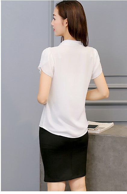 Gender: Women Collar: Stand Material: Polyester,Spandex Sleeve Length(cm): Short Sleeve Style: Puff Sleeve Decoration: None Clothing Length: Regular Model Number: PLY277 Pattern Type: Solid Fabric Type: Chiffon Style: Casual Clothing placket: Set head Pattern: Solid color Size: S-3XL Fitted V-neck Blouse For Office, Fitted Chiffon Tops For Work, Solid Short Sleeve Blouse For Office, Short Sleeve Blouse For Office, Casual Solid Blouse For Office Wear, Fitted Feminine Solid Blouse, Casual Plain Office Blouse, Solid Color Office Lady Tops, Plain Summer Office Tops