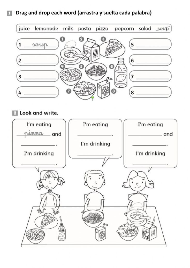 an english worksheet with two children eating and talking to each other on the table