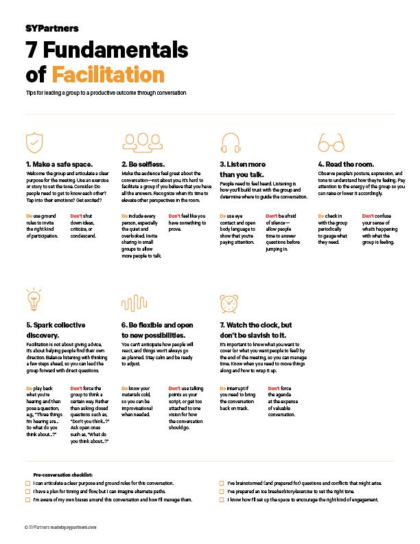 the 7 fundamentals of faciliation poster is shown in orange and white