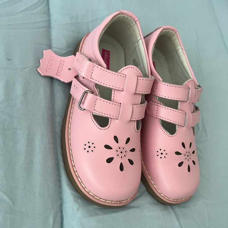 Mary Jane Style Pink Shoes, Velcro Straps, All Leather Material. New With Tag! So Cute And Comfortable Size: 12 Spring Closed Toe Mary Janes For School, Spring Mary Janes For School With Closed Toe, Spring Season Mary Janes For School With Closed Toe, Spring School Mary Janes With Round Toe, Spring School Mary Janes With Closed Toe, Pink Leather Mary Janes With Rubber Sole, Pink Leather Mary Janes With Round Toe, Cute Mary Janes With Rubber Sole And Round Toe, Casual Leather Mary Janes For School