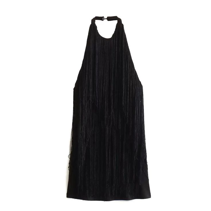 Introducing our Women's Summer Halter Sleeveless Fringe Dress! Feel effortlessly chic and stylish with its halter neckline and eye-catching fringe detail. Perfect for hot summer days and nights, this dress will keep you cool and fashionable. Stand out from the crowd and make a statement with this must-have piece! Elasticity: Non Stretch Sleeve Style: Regular Fabric Type: POLYESTER Pattern Type: Solid Silhouette: A-LINE Neckline: O-Neck Dresses Length: Above Knee, Mini Chic Sleeveless Tassel Dresses, Chic Sleeveless Dress With Tassels, Sleeveless Fringe Mini Dress For Evening, Sleeveless Fringe Mini Dress For Cocktail, Sleeveless Fringe Mini Dress For Party, Sleeveless Mini Dress With Tassels For Party, Sleeveless Tassel Mini Dress For Party, Summer Cocktail Halter Dress With Spaghetti Straps, Fitted Sleeveless Mini Dress With Fringe