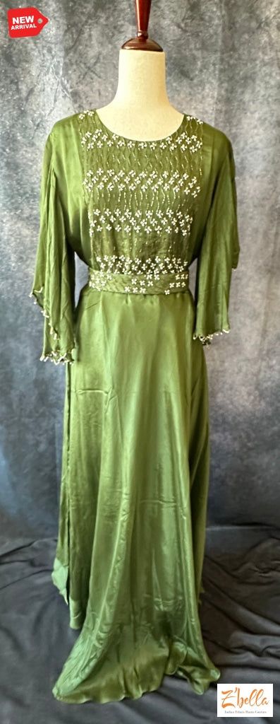 Olive Green Gown With Sleeve Pattern And Belt Gown Green Festive Evening Dress, Festive Green Long Sleeve Maxi Dress, Green Fitted Gown With Short Sleeves, Green Fitted Short Sleeve Gown, Green Long Sleeve Festive Dress, Elegant Green Dresses For Festive Occasions, Green Long Sleeve Dress For Wedding, Traditional Green Long Sleeve Maxi Dress, Traditional Long Sleeve Green Maxi Dress