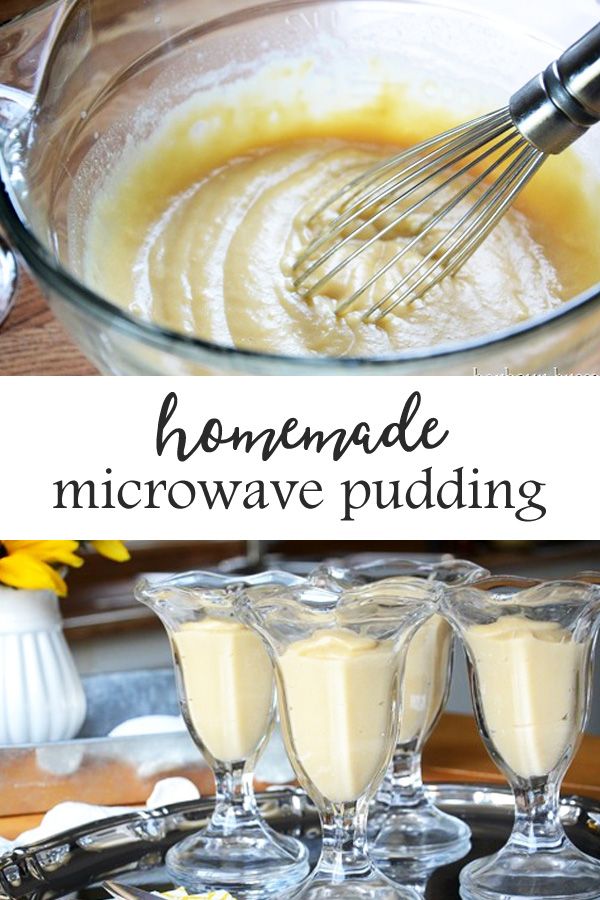 homemade microwave pudding recipe in glasses with whisk on top and below the batter