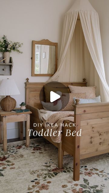 a bedroom with a bed, dresser and mirror in it's centerpiece that reads diy ikea hack toddler bed