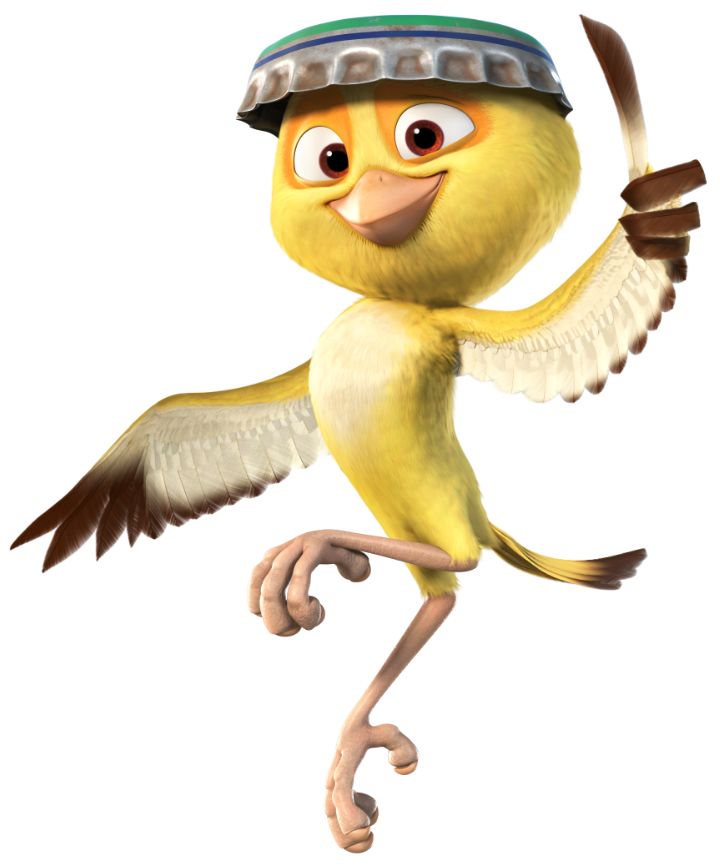 a yellow bird with wings and a hat on its head is holding a stick in one hand