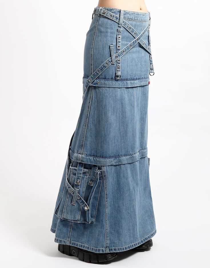 TRIPP NYC - TRIPLE ZIP OFF SKIRT LIGHT DENIM Fitted High Rise Denim Cargo Skirt, Fitted Utility Skirt With Belt Loops, Fitted Denim Blue Denim Cargo Skirt, Fitted Denim Blue Cargo Skirt, Fitted Denim Skirt With Belt Loops, Edgy Fitted Long Skirt, High Rise Fitted Skirt With Belt Loops, Fitted Long Skirt With Pockets, Spring Fitted Denim Blue Cargo Skirt