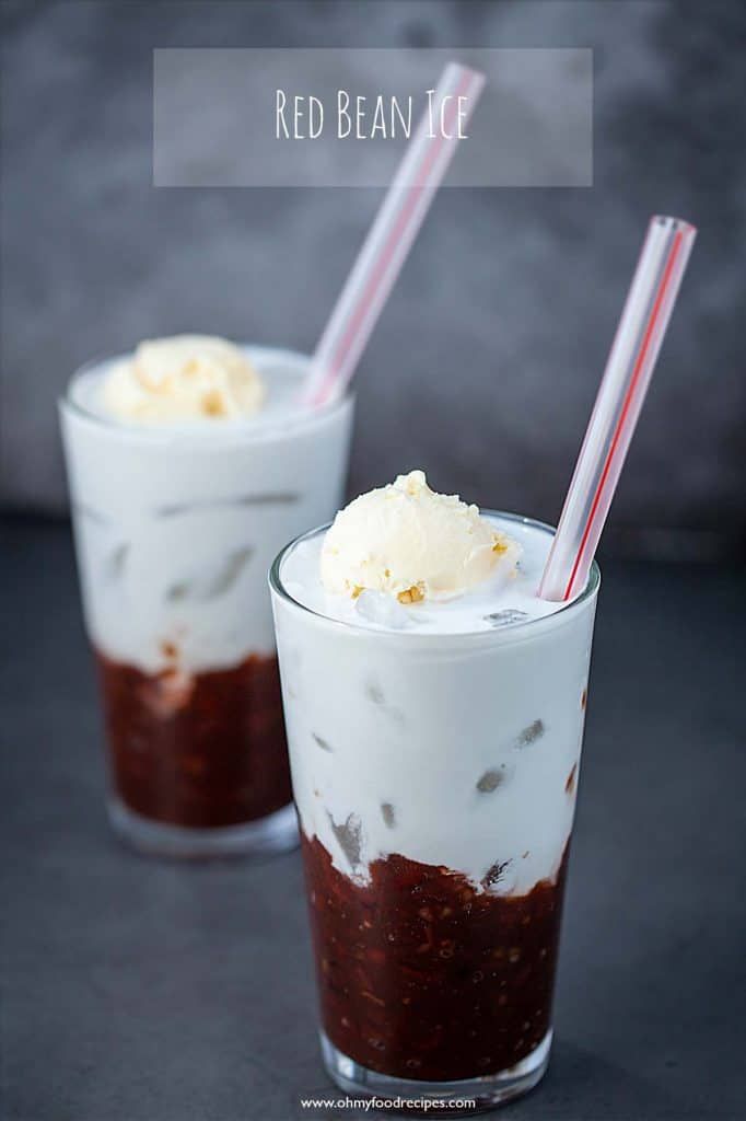 two glasses filled with red bean ice cream