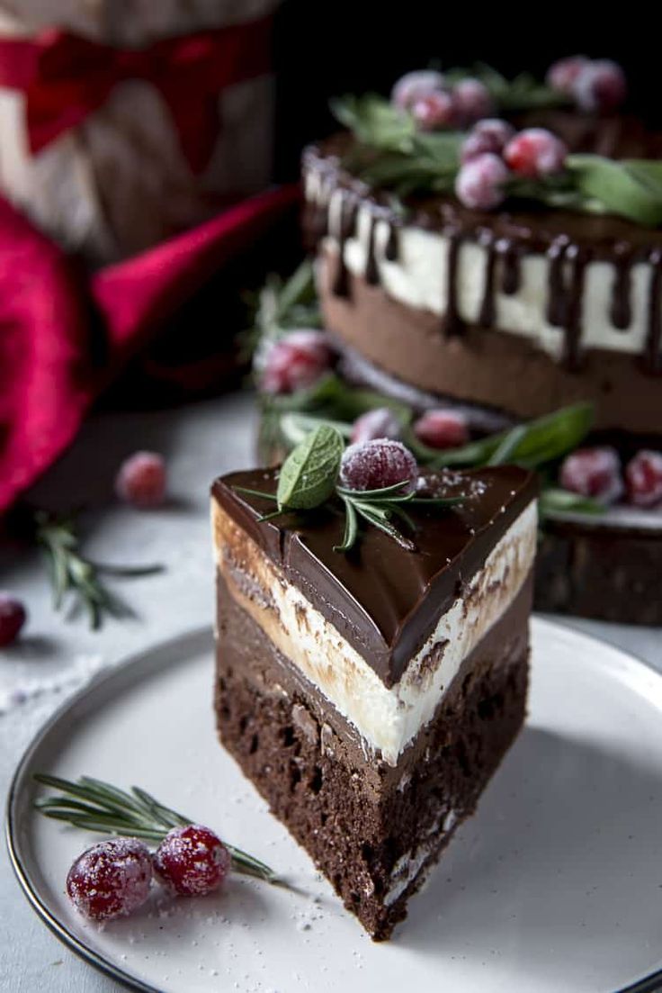 two pieces of chocolate cake on a plate with cranberry garnishes