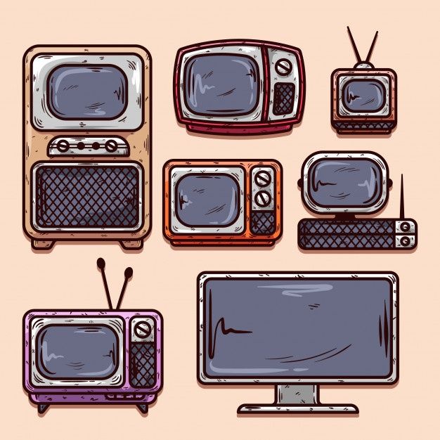 an assortment of tvs and television sets with different designs on the front, side, and back