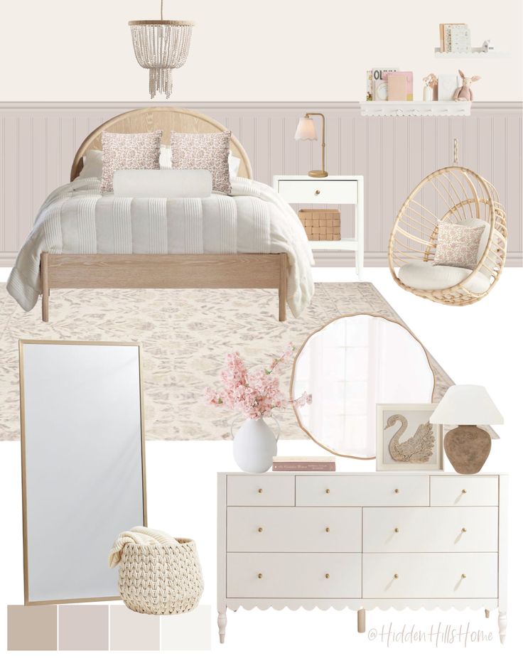 a bedroom with white furniture and pink accents, including a bed, dresser, mirror, chair