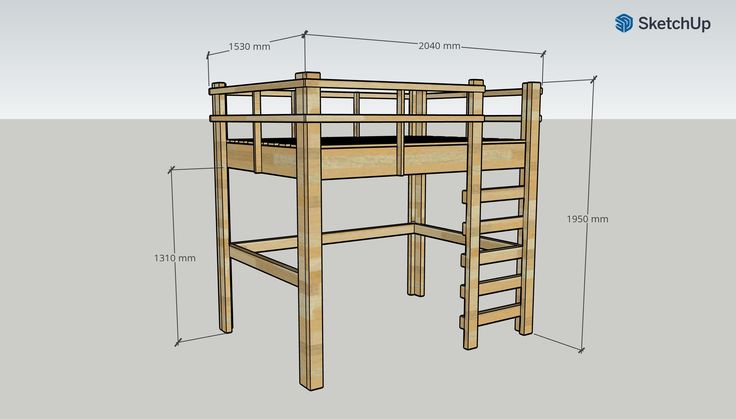 a wooden bunk bed with measurements for the top and bottom level, including ladders