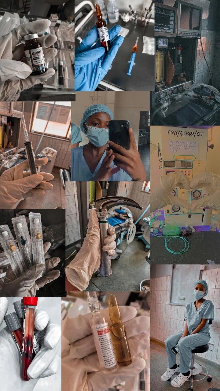 collage of images with various medical equipment and people in scrubs, masks and gloves