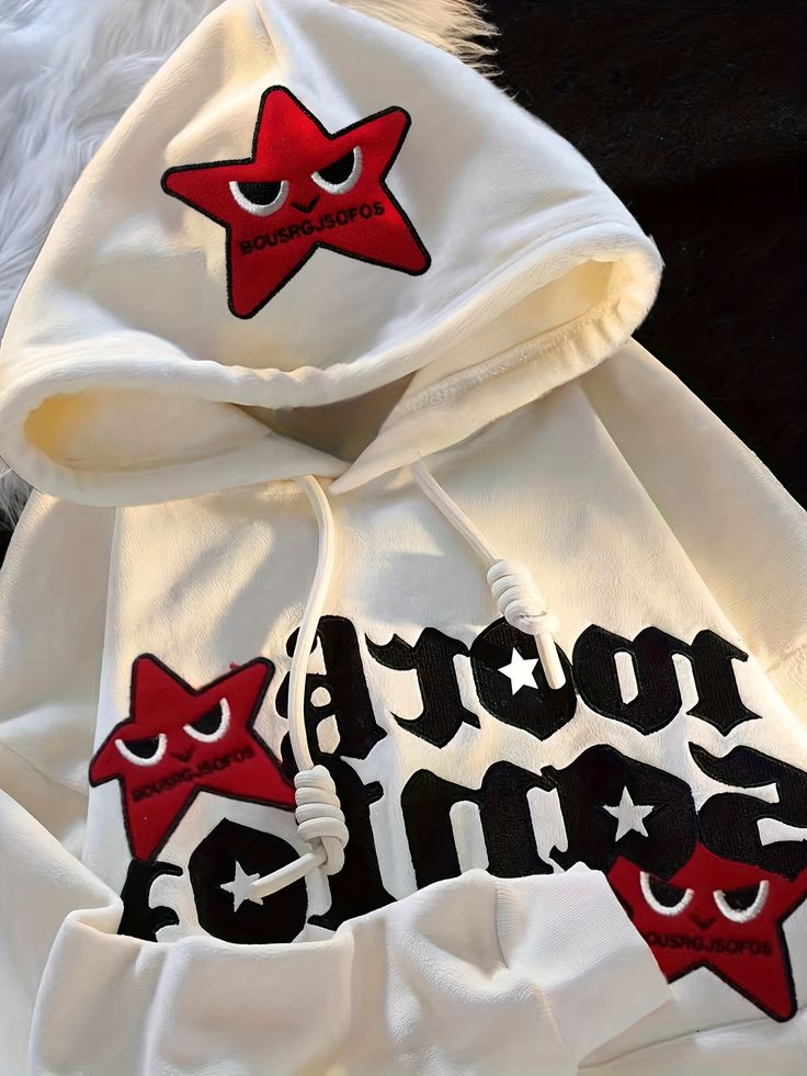 Letter & Star Print Kangaroo Pocket Hoodie, Casual Long Sleeve Drawstring Hoodie Sweatshirt, Women's Clothing Gothic Jackets, Letter Design, Embroidery Letter, Embroidery Hoodie, Couples Sweatshirts, Y2k Hoodie, Star Embroidery, Harajuku Streetwear, Five Pointed Star