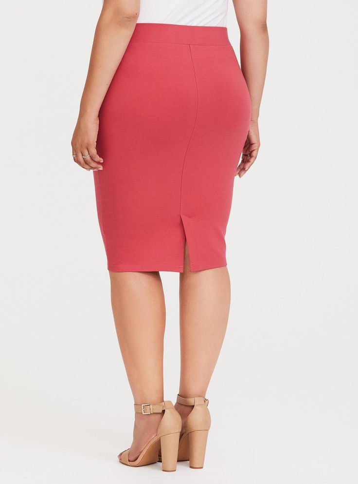 A thick ponte knit fabric skirt stretches and smoothes while maintaining its shape. Ponte fabric. Thick elasticized waist. Banded trim. Vented back. Pencil skirt silhouette. CONTENT + CARE: Rayon/nylon/spandex. Wash cold; line dry. Imported plus size skirt. SIZE + FIT: Size 2 measures 25. 75” from waist to hem. Model is 5'10”, size 1. The best plus size women's midi studio luxe ponte pencil skirt skirts in coral made of studioponte. These dressy clothes and work-wear, office-wear, career-wear, and business-wear will make you look professional to nail your job interview and wear to work every day. Stretch Midi-length Lined Skirt, Stretch Midi Lined Skirt, Stretch Midi Length Lined Skirt, Fitted Midi Bottoms With Elastic Waistband, Chic Stretch Midi-length Pencil Skirt, Chic Stretch Midi Length Pencil Skirt, Fitted Midi Pencil Skirt With Elastic Waistband, Stretch Elastic Waistband Pencil Skirt, Stretch Pencil Skirt With Elastic Waistband