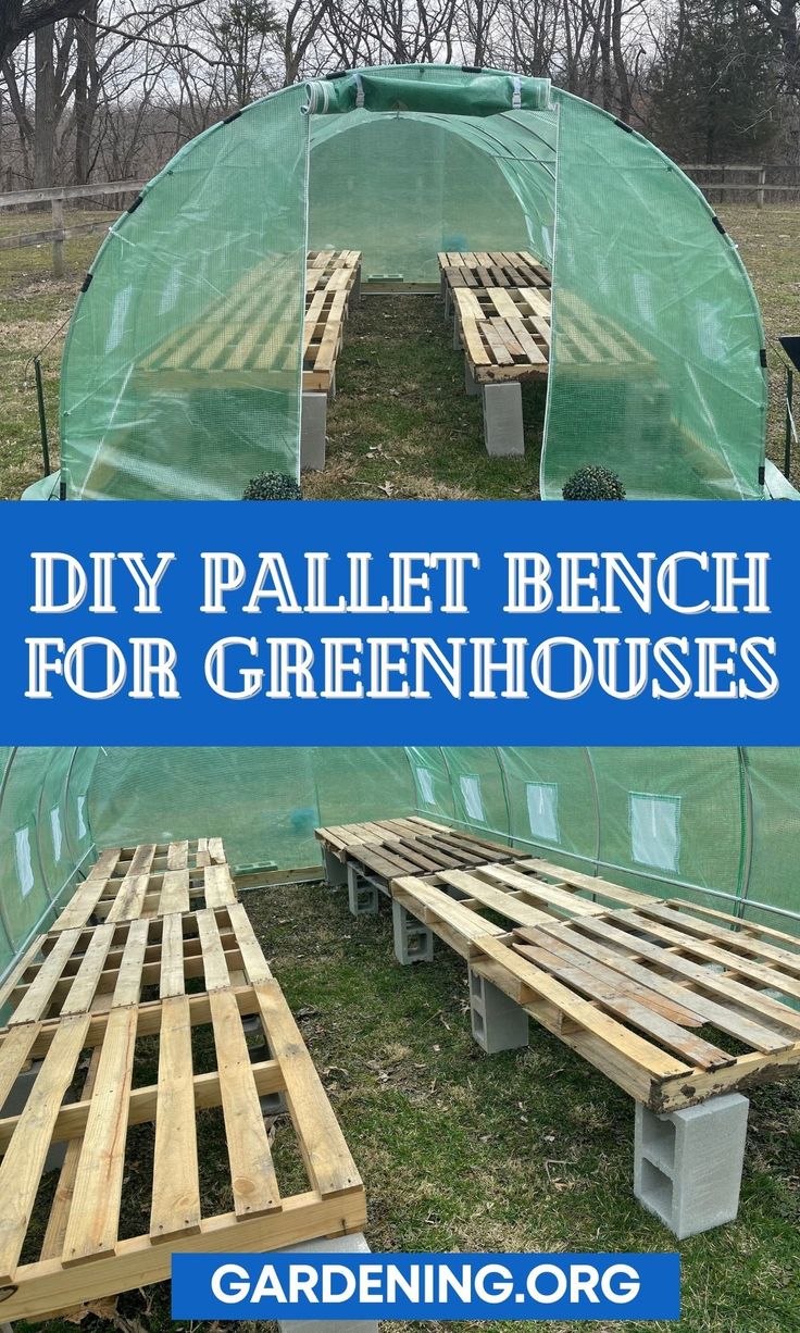 two wooden benches sitting in front of a green house with the words diy pallet bench for greenhouses