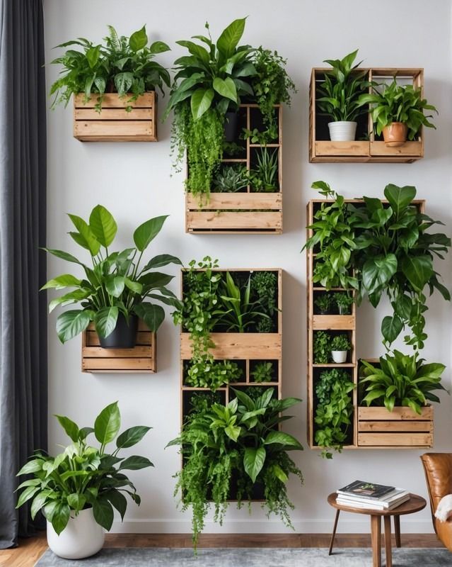 several wooden boxes filled with different types of plants on a wall next to a chair