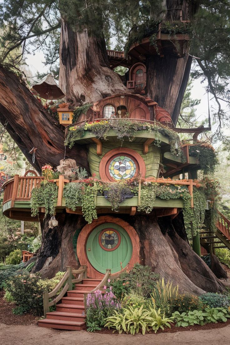 a tree house built into the side of a large tree trunk with plants growing on it