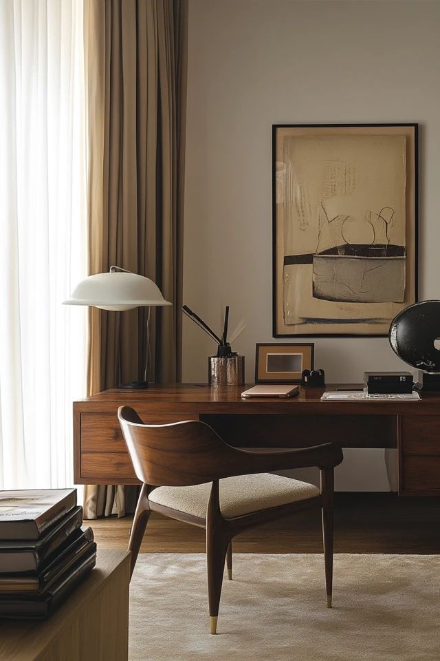 a desk with a chair, lamp and pictures on the wall