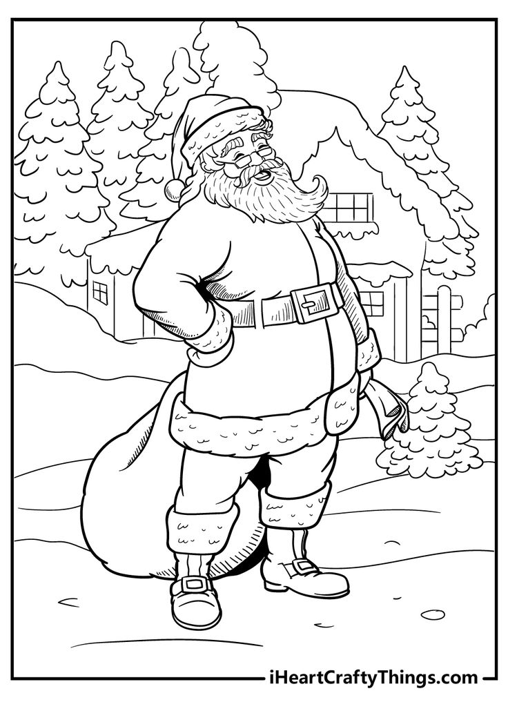 santa claus is walking in the snow with his sack and hat on, coloring page