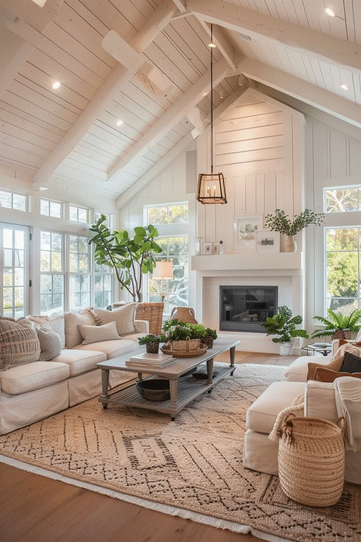 a living room filled with furniture and a fire place in the middle of an open floor plan