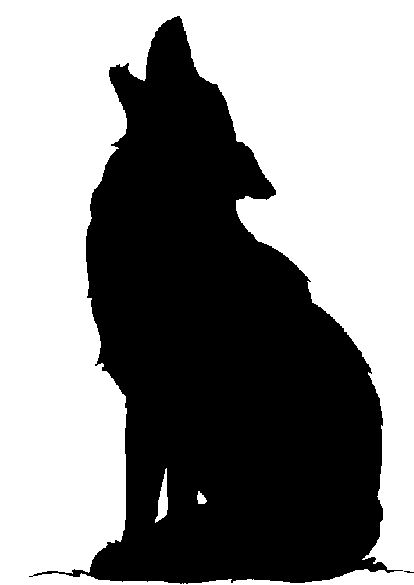 a silhouette of a wolf sitting on the ground with its head turned to the side