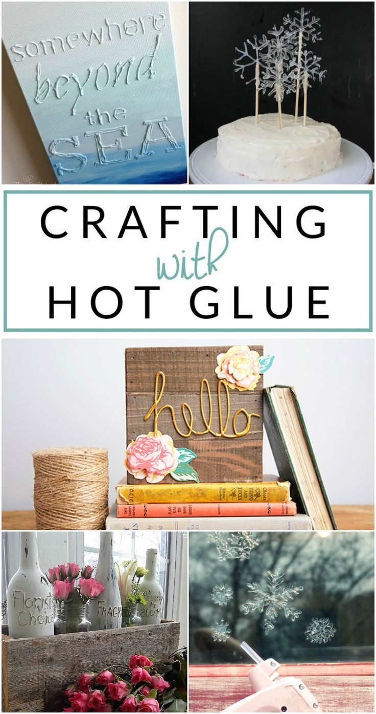 the words crafting with hot glue are displayed on top of books and vases