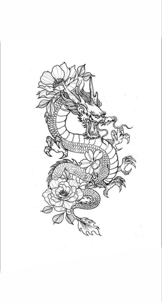 a dragon and flowers tattoo design