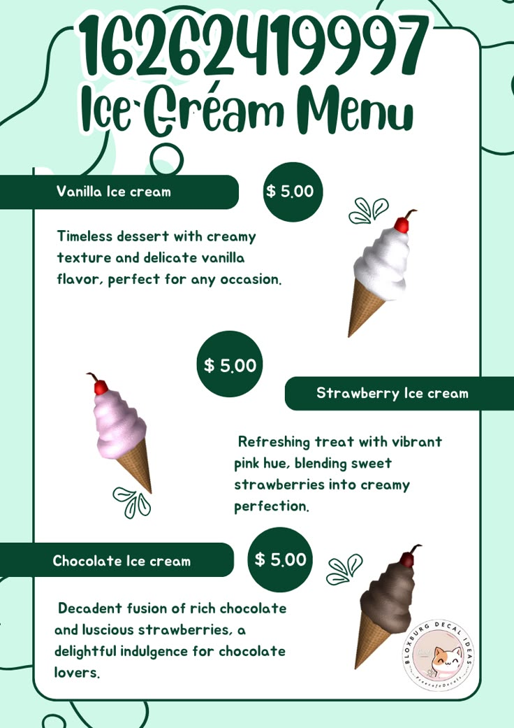 an ice cream menu with different flavors