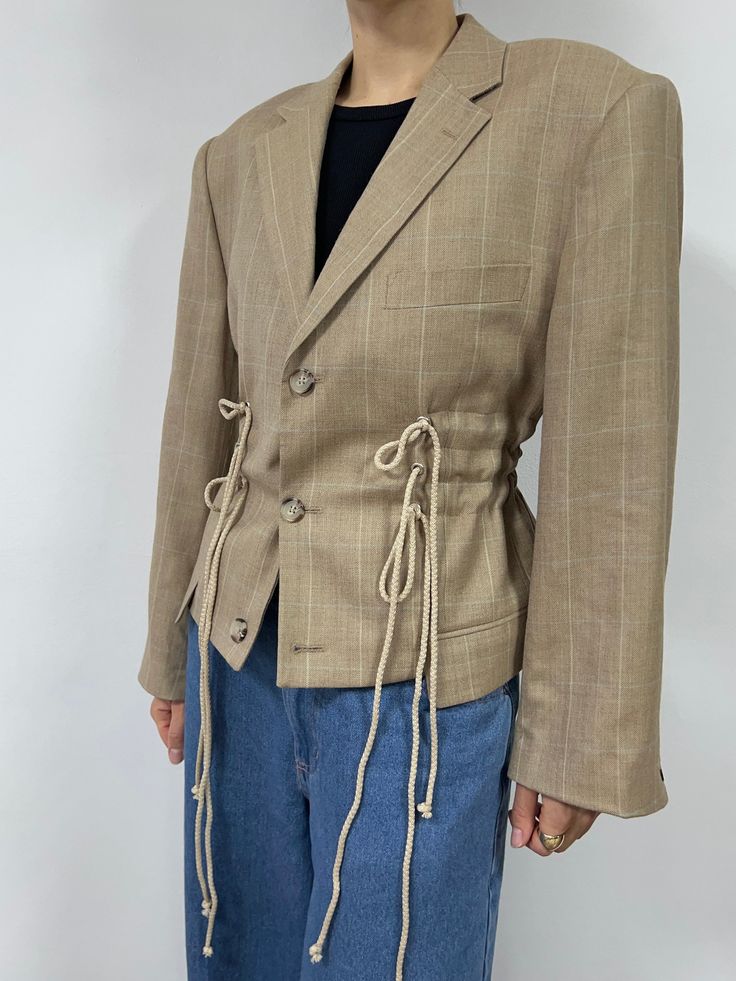 Reworked Jacket, Deconstruction Fashion, Upcycled Jackets, Reworked Clothing, Upcycled Textiles, Collarless Shirt, Upcycle Sewing, Reworked Vintage, Blazer Set