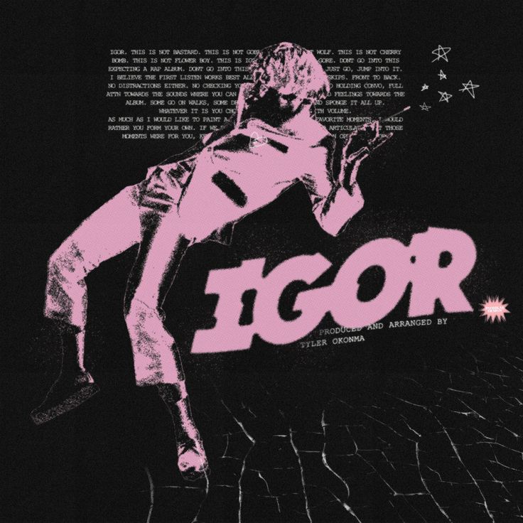 a poster with the words igor in pink and black on it's back