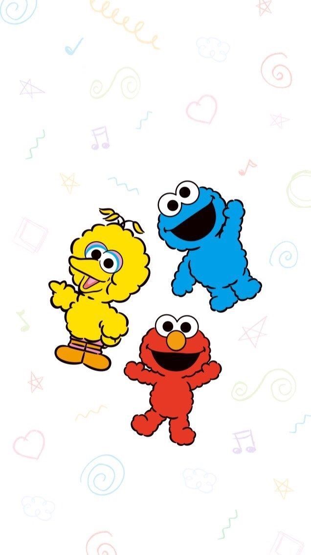 three sesame characters are standing in front of a white background with music notes on it