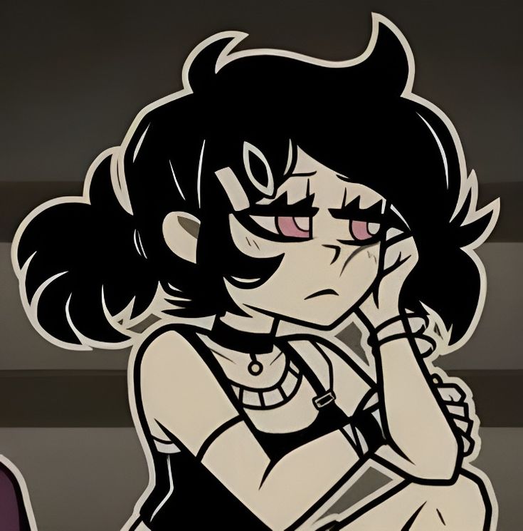 a cartoon girl with black hair and pink eyes is holding her hand to her face