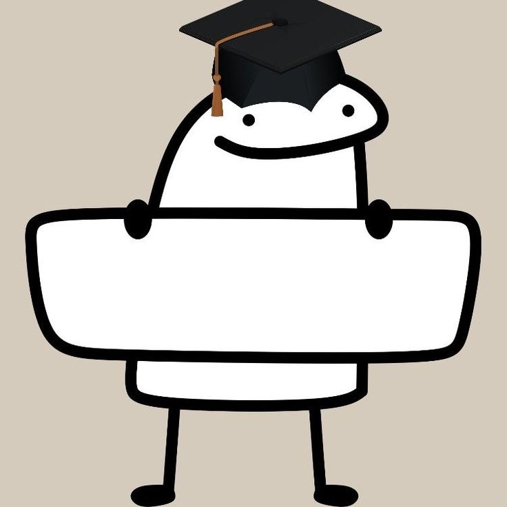 a cartoon character holding a sign with a graduation cap on it's head and arms