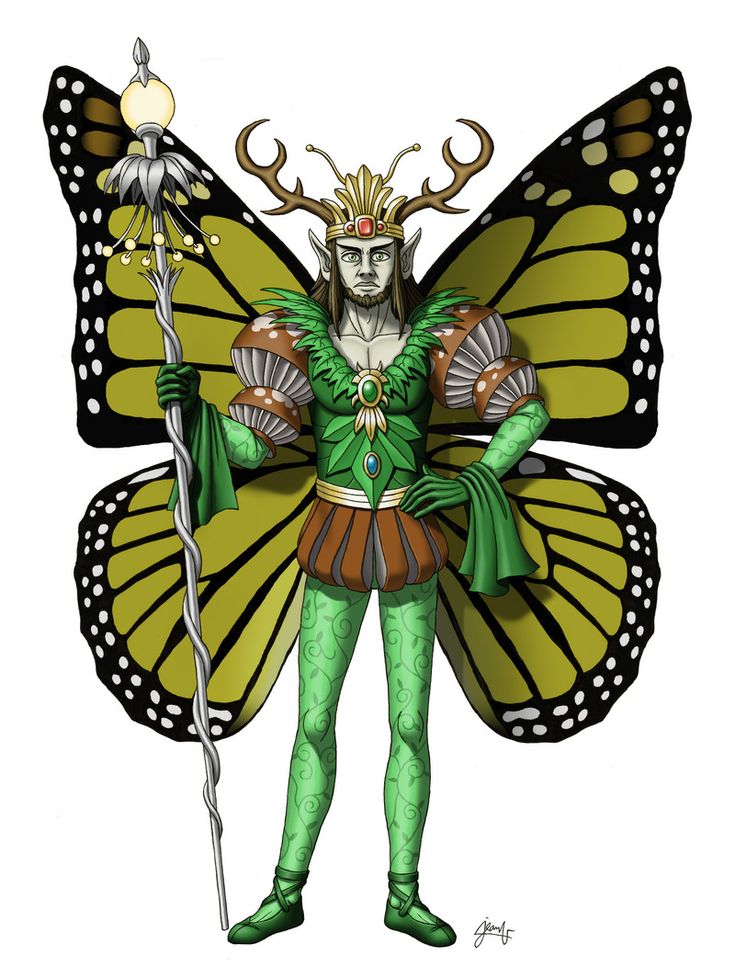 a drawing of a woman dressed as a butterfly with horns and wings on her head