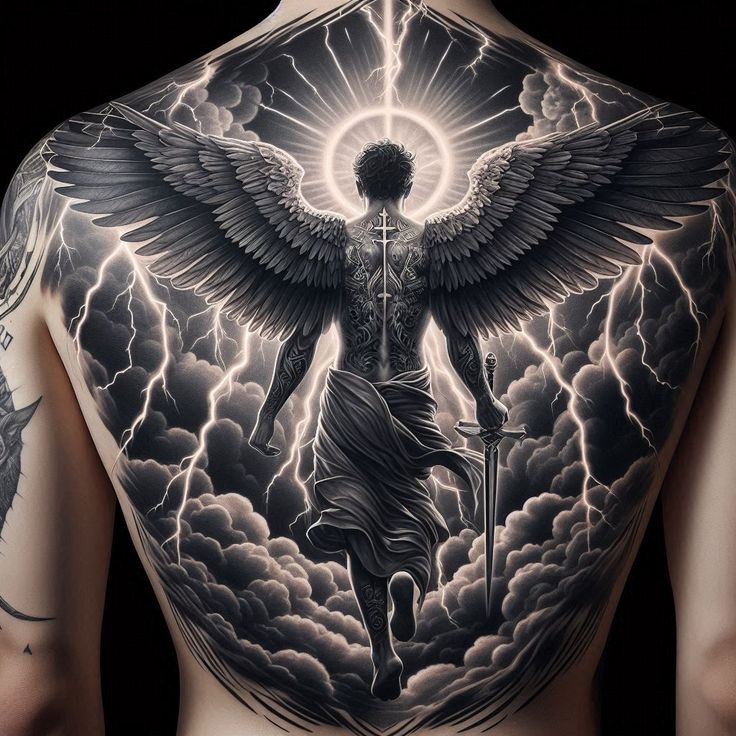 Revelation Tattoo Ideas, Battle Angel Tattoo, Guardian Angel Back Tattoo, Arc Angel Tattoo, Fullback Tattoo Design, Full Back Tattoo For Men, Wolf Back Tattoo, Full Back Tattoos For Men, Leviathan Tattoo