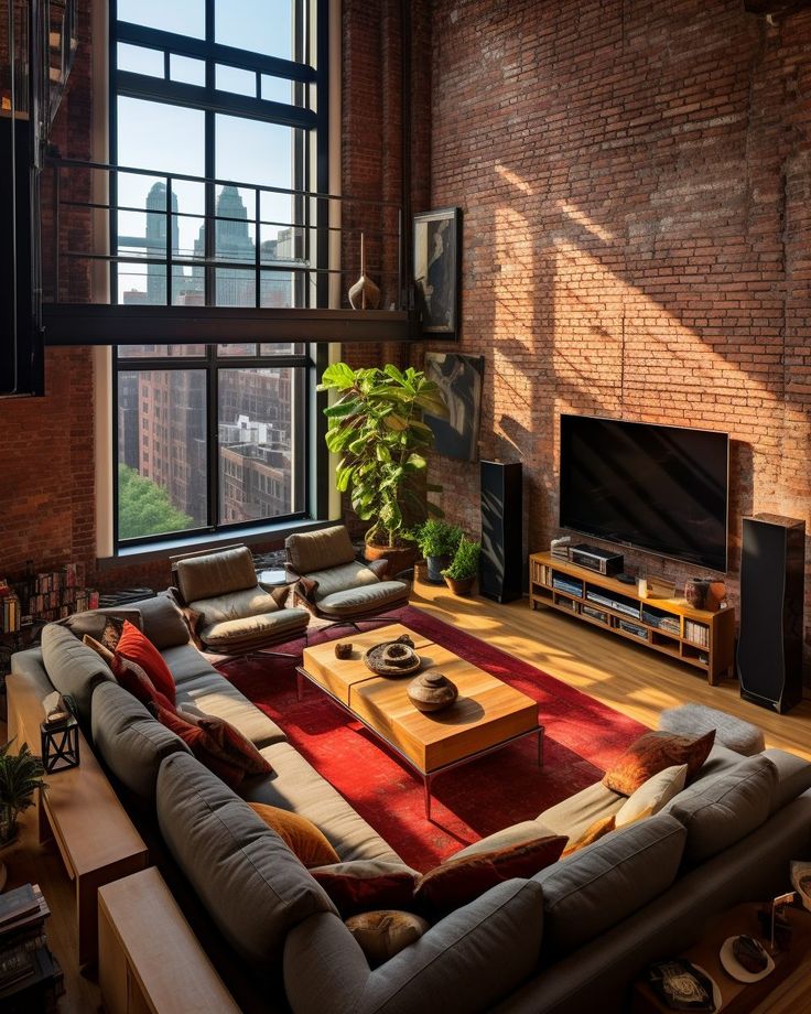 a living room filled with lots of furniture and a large flat screen tv mounted to the wall