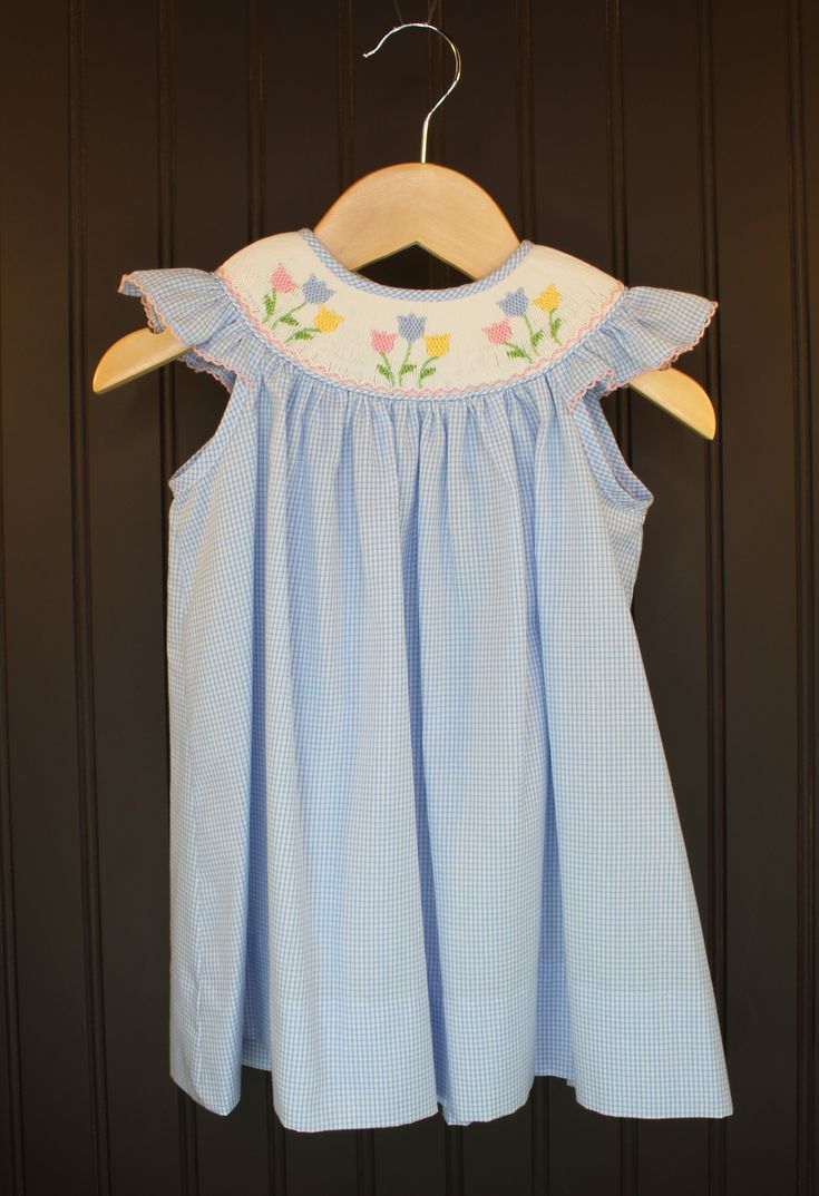 Girl's Blue Gingham Tulip Bishop Flutter Sleeve Dress Smocking Plates, Dress With Ruffle Sleeves, Blue Tulips, Flutter Sleeve Dress, Gingham Print, Blue Gingham, Ruffle Sleeves, Style Dress, Flutter Sleeve