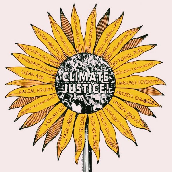 a sunflower with words written all over it and the word climate justice on it