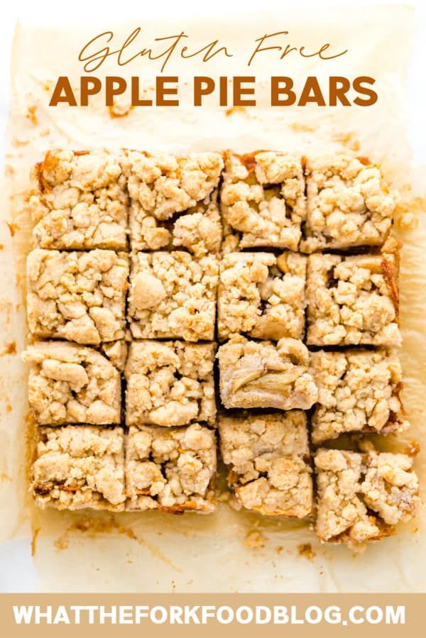 apple pie bars cut into squares on top of parchment paper with text overlay that reads gluten free apple pie bars