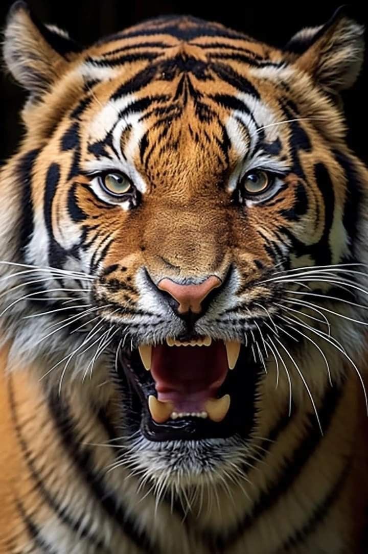 a close up of a tiger with its mouth open