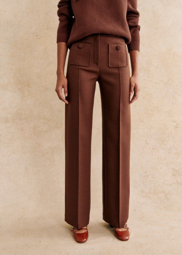 Sezane Dan Trousers, Warm Brown Outfit, Camel Trousers Outfit Work, Women’s Trousers, Caramel Pants Outfit, Brown Trousers Women, Sezane Outfits, Caramel Outfit, Sezane Pants