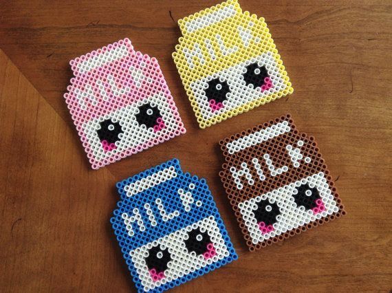 three small coasters made out of perler beads