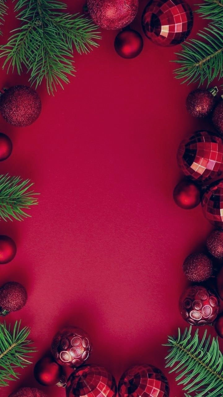 christmas balls and fir tree branches on red background with copy - space for your text