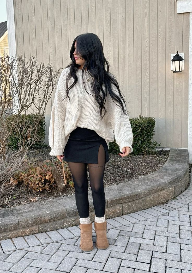 Fall Fashion Uggs, Black Skirt Uggs Outfit, Fall Outfits Ideas 2024, Fall Outfit Skirt And Sweater, Skirt Outfit Uggs, Black Tights Fall Outfit, Autumn Outfits With Uggs, Black Sweater And Skirt Outfit, Fall Outfit With Tights